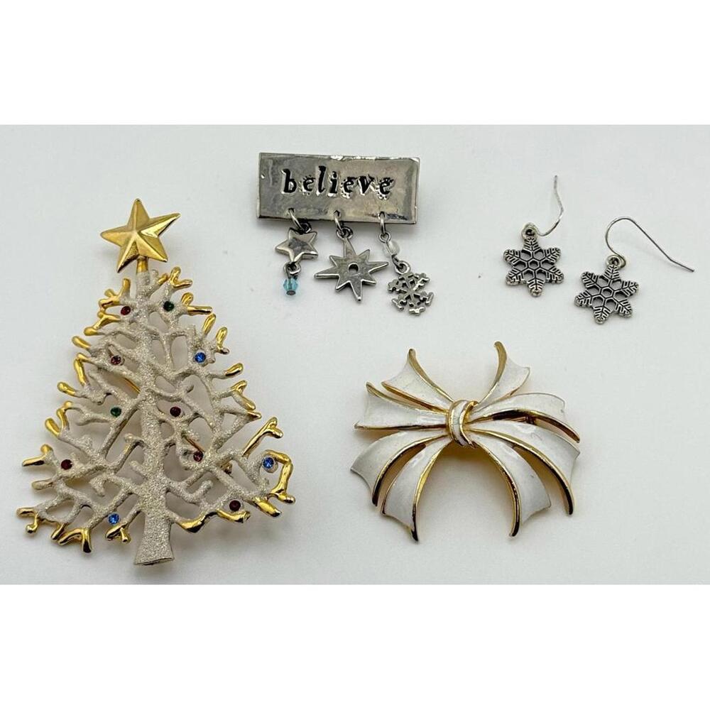 Vintage Holiday Jewelry | Enamel Brooches & Silver Earrings/Pin Christmas Bundle